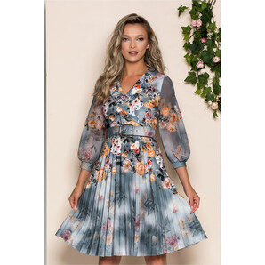 Rochie Maxine albastru petrol cu imprimeu floral orange si guler tip sal