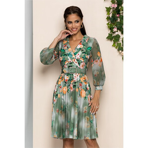 Rochie Maxine verde cu imprimeu floral orange si guler tip sal