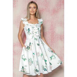 Rochie MBG alba cu imprimeu floral verde si volanas la bust cu nasturi