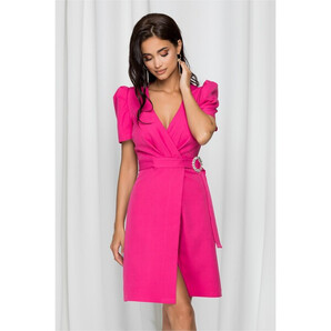 Rochie MBG fucsia petrecuta cu umeri usor bufanti si catarama cu strasuri in talie