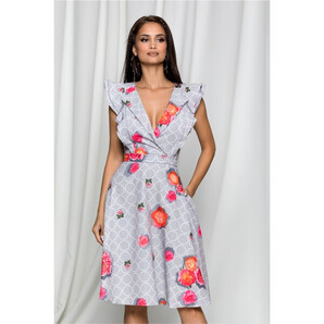 Rochie MBG gri cu imprimeu floral si cercuri albe