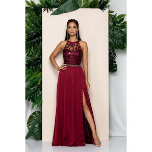 Rochie MBG lunga bordo cu bust din dantela brodata si talie marcata