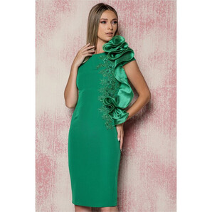 Rochie MBG verde cu broderie florala la bust si volan cu rijelina pe o parte