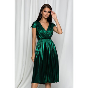 Rochie MBG verde metalizat cu pliuri la maneci si decolteu petrecut