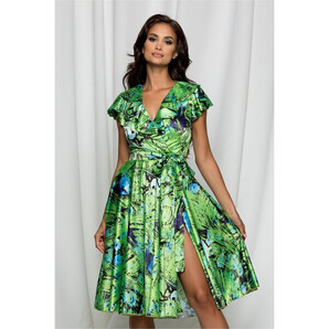 Rochie MBG verde satinata cu imprimeu floral si crepeu frontal