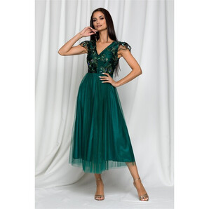 Rochie midi Moze verde cu bust nude si dantela brodata