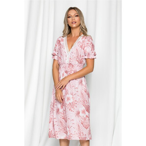 Rochie Mirabella roz cu imprimeu floral si broderie la bust