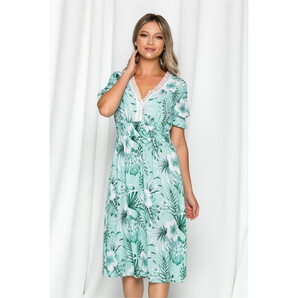 Rochie Mirabella verde cu imprimeu floral si broderie la bust