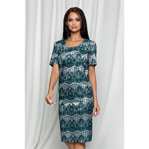 Rochie Miruna ivoire cu dantela verde smarald si accesoriu la decolteu