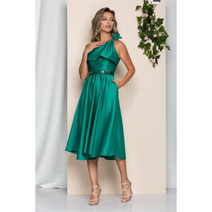 Rochie Moze din tafta verde cu buzunare si design tip funda la umar