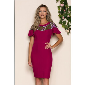 Rochie Moze magenta cu flori 3D si dantela la bust