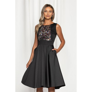 Rochie Moze neagra satinata cu paiete multicolore la bust