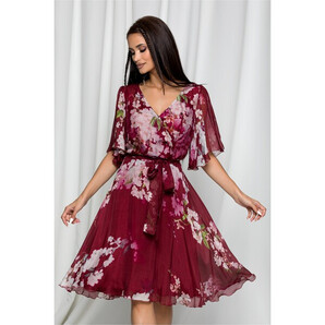 Rochie Nissa bordo cu imprimeu floral si elastic in talie