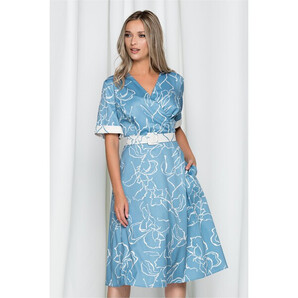 Rochie Sabrina bleu cu imprimeu floral alb si buzunare functionale