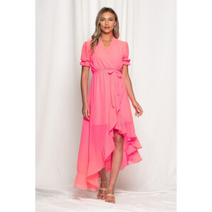 Rochie Sabry roz neon cu baza asimetrica si elastic la maneci