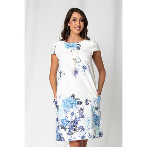 Rochie Ursula alba cu imprimeu floral albastru