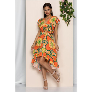 Rochie Wendy portocalie cu imprimeu floral colorat si baza asimetrica