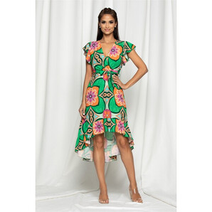 Rochie Wendy verde cu imprimeu floral colorat si baza asimetrica