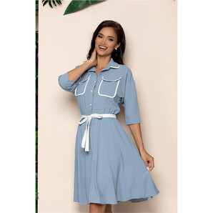 Rochie Wuana bleu cu buzunare la bust si guler tip rever