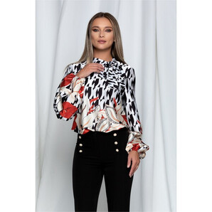 Bluza Anka alba cu imprimeu negru si frunze caramizii