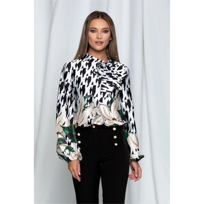 Bluza Anka alba cu imprimeu negru si frunze verzi