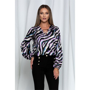 Bluza LaDonna lila satinata cu imprimeu colorat si maneci lungi