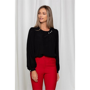 Bluza LaDonna neagra cu perlute si pliuri la decolteu