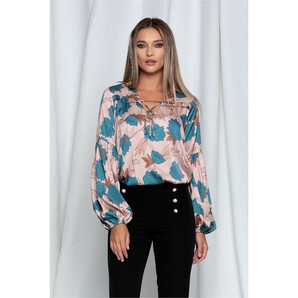 Bluza LaDonna satinata bej cu imprimeu turcoaz maneci lungi