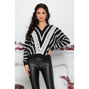 Bluza Luiza neagra cu dungi si broderie albe