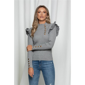 Bluza Maira gri cu volane la umeri si nasturi decorativi