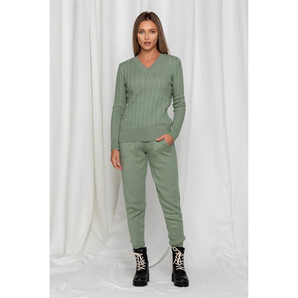 Compleu din tricot verde cu pantaloni si bluza cu impletituri