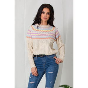 Pulover bej cu imprimeuri geometrice in nuante pastelate