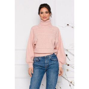 Pulover Dory scurt roz din tricot cu guler inalt