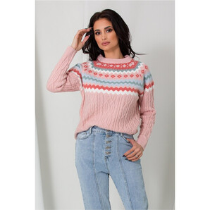 Pulover roz cu imprimeuri geometrice in nuante pastelate