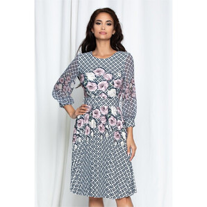 Rochie Alexa alba cu dungi negre si flori roze