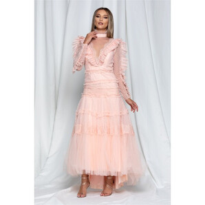 Rochie Daria lunga roz piersica din tulle cu volanase din dantela