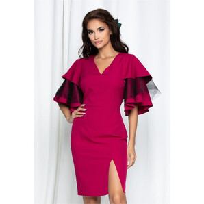 Rochie Dy Fashion Sara magenta cu maneci evazate si crepeu in fata