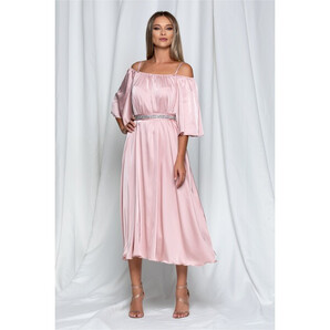 Rochie Ella Collection Amedeea midi roz sidefata cu maneci cazute si strasuri