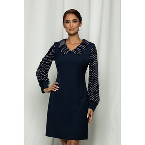 Rochie Ella Collection Tania bleumarin cu buline pe maneci si guler