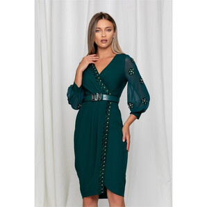 Rochie Esme verde cu broderie si strasuri accesorizata cu o curea in talie