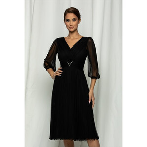 Rochie Ginette neagra cu pliuri la bust si aplicatie stralucitoare in talie