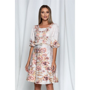 Rochie Hilarry bej cu imprimeu floral si curea in talie