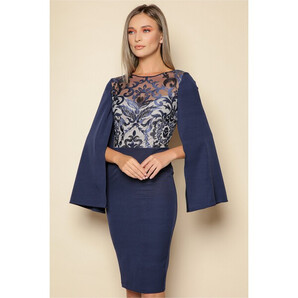 Rochie MBG bleumarin cu maneci stil capa si dantela la bust