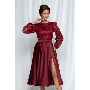 Rochie MBG bordo cu bust din dantela si fusta satinata