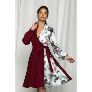 Rochie MBG bordo cu design petrecut si imprimeu floral pe o parte