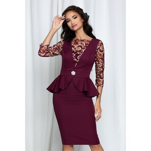 Rochie MBG burgundy cu dantela si peplum in talie