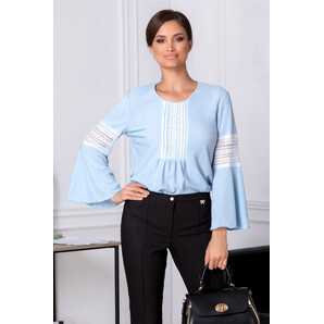 Bluza Annie bleu cu maneci evazate si dantela