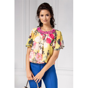Bluza LaDonna galbena vaporoasa cu imprimeu fucsia