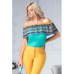 Bluza Moze turcoaz fara umer cu imprimeu