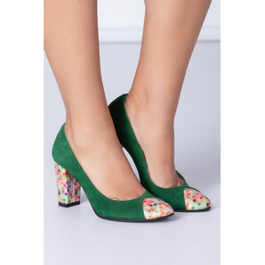 Pantofi dama verzi din piele intoarsa cu patratele colorate